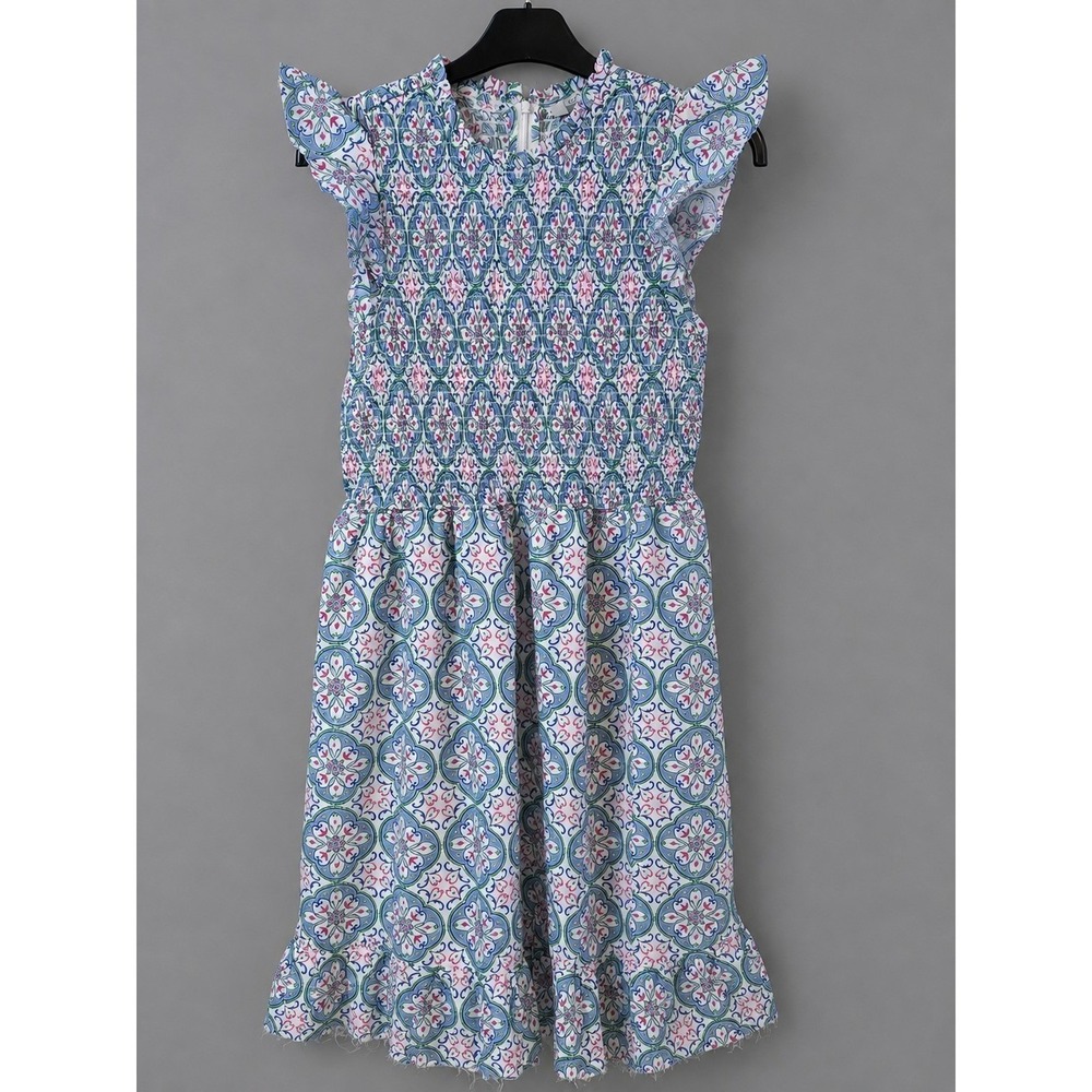 LOFT French Blue Tile Floral Smocked Midi Dress Petite 12P